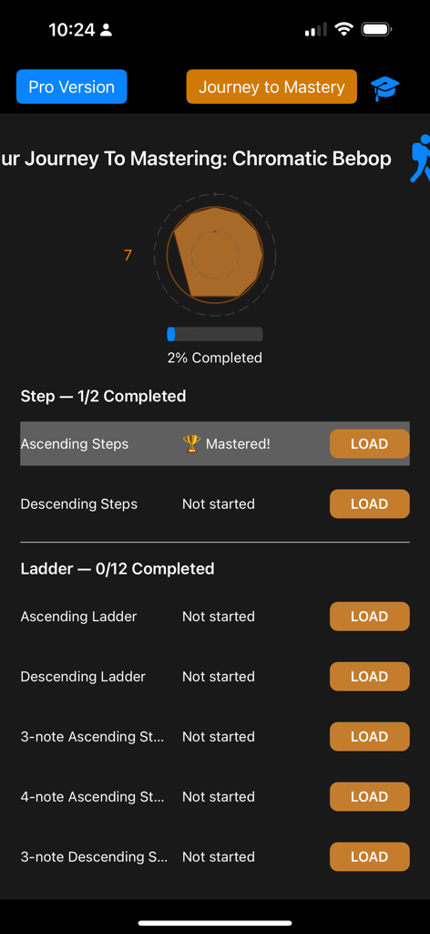 Tessitura Pro Scales - Una captura de pantalla del rastreador de progreso Viaje Hacia la Maestría para la escala Bebop Cromática en la aplicación Tessitura Pro Scales.