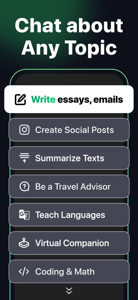 AI Chat − AI Chatbot Assistant - A list of features for the AI Chat app including writing essays, creating social posts, summarizing texts, and coding help.