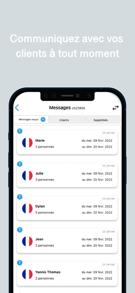 Cybevasion Extranet - Mobile app screen showing a list of guest messages and booking inquiries for property management