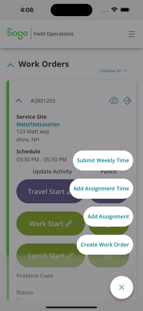 Sage Field Operations - Sage Field Operations app work order details and time tracking menu.