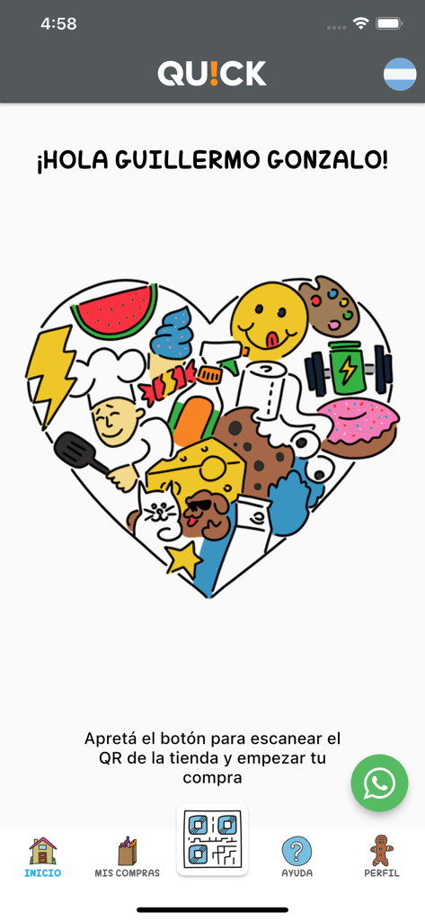 Quick Scan and GO mobile app home screen with a welcome message and a heart-shaped collage of grocery items