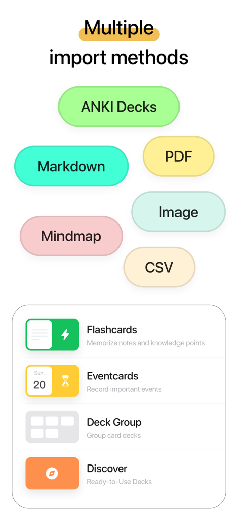 Graphique montrant les options d'importation de WinkNotes, y compris les decks ANKI, Markdown et PDF, ainsi qu'un menu pour les cartes mémoire et les groupes de decks.