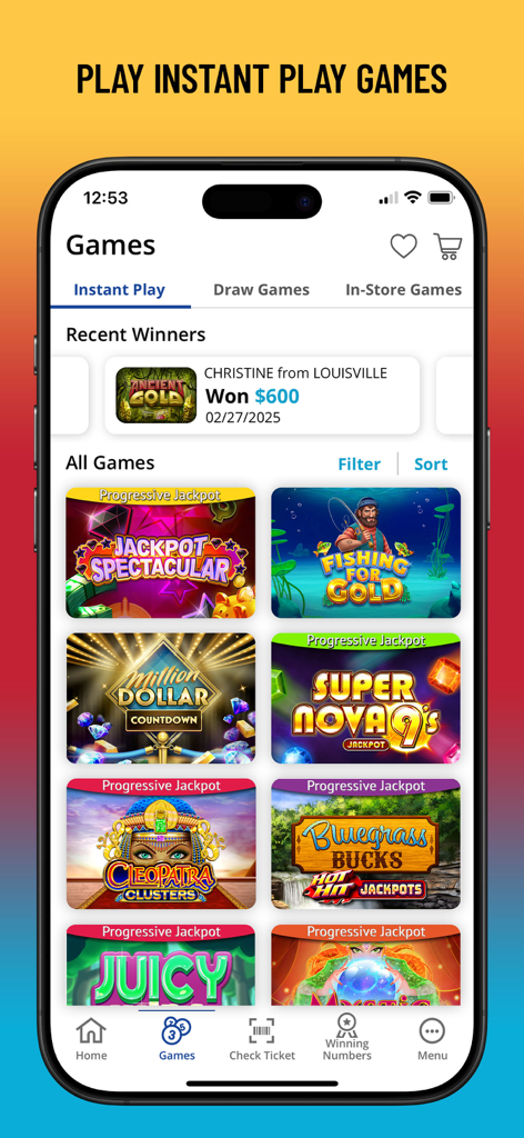 A mobile phone displaying the Kentucky Lottery Official App's Instant Play games selection including Jackpot Spectacular and Bluegrass Bucks.