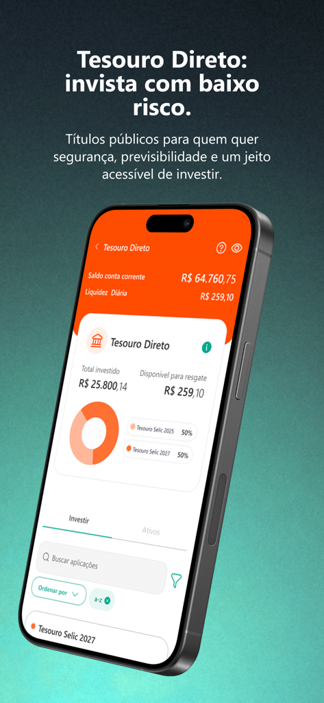 Interfaz de la aplicación móvil Sofisa Direto para inversiones en Tesouro Direto que muestra un desglose de la cartera y opciones de bajo riesgo.