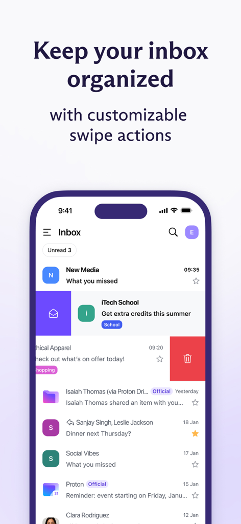 Proton Mail - Encrypted Email - Proton Mailアプリのインターフェース。受信トレイ整理のためのカスタマイズ可能なスワイプアクションが表示されています。