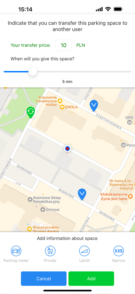 TiPark - TiParkアプリの画面。地図上で駐車スペースの譲渡価格と時間を設定するため。