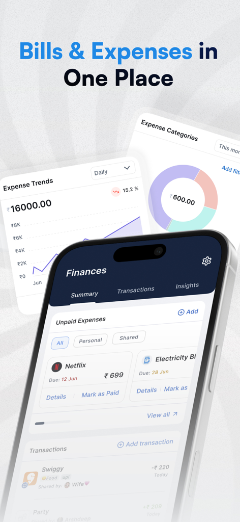 Shared family finance dashboard in the SuperFam app showing bills and expenses