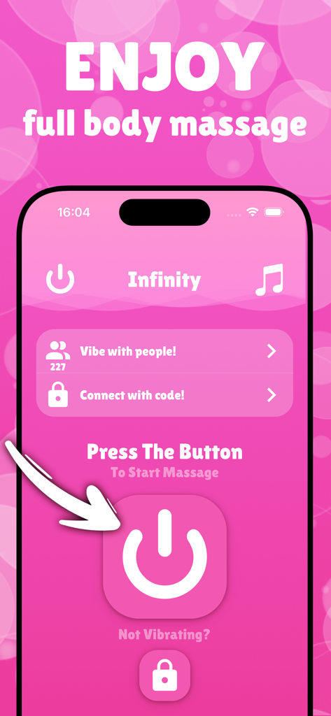 Interfaz de la app Vibrador mostrando un gran botón de encendido para iniciar un masaje corporal completo