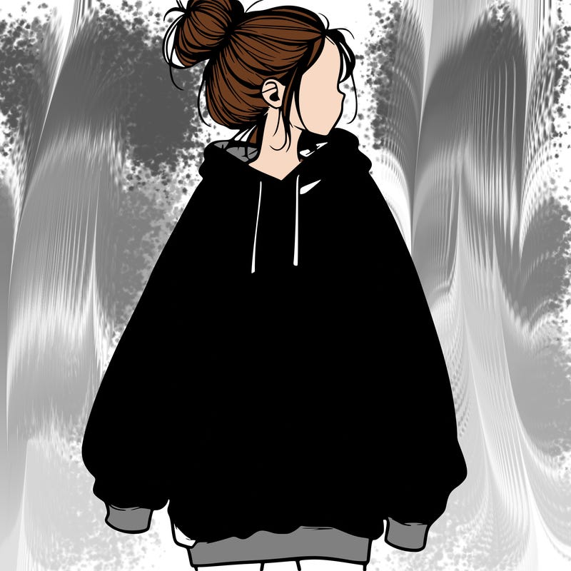 realistic girl with a oversized sweatshirt on and a bun