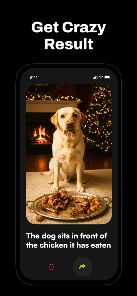 Halo AI - Photo Generator - A screenshot of the Halo AI app displaying a funny AI-generated image of a Labrador dog sitting in front of a tray of eaten chicken with a Christmas tree background.
