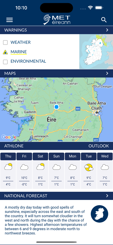 Interface de l'application météo Met Éireann affichant la carte des alertes et les prévisions hebdomadaires pour Athlone, en Irlande.