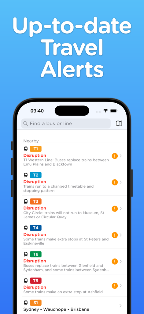 Sydney Transport app screen showing up-to-date travel alerts and train service disruptions.