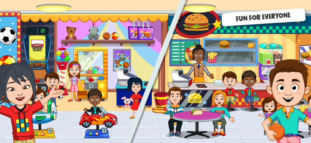 My Town : Shopping Mall - Children playing in the arcade and food court areas of the Shopping Mall app