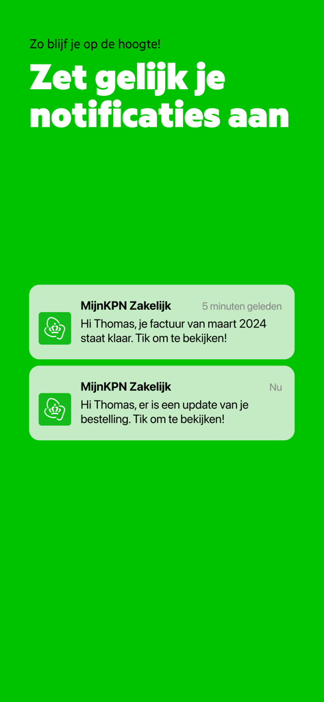 MijnKPN Zakelijk app screen with a green background encouraging users to enable notifications for invoice and order updates