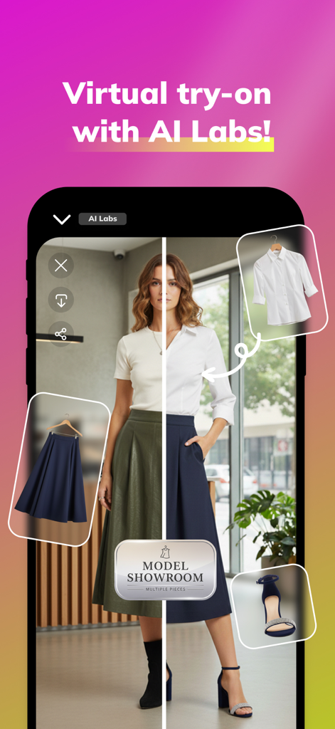 Swapzy AI: Video Generator - AI virtual try-on feature in the Swapzy app showing a model testing different clothing combinations and accessories.