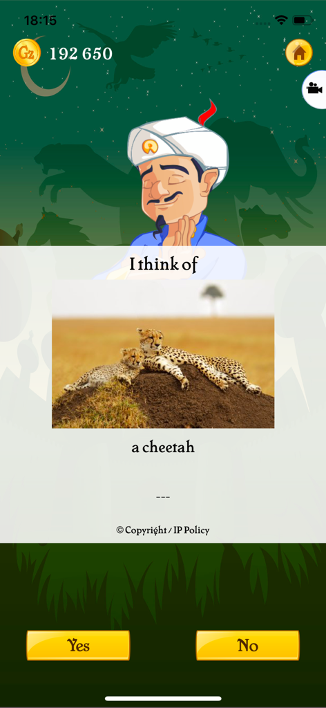 Akinator VIP - The Akinator genie successfully guessing a cheetah in the Akinator VIP mobile app.