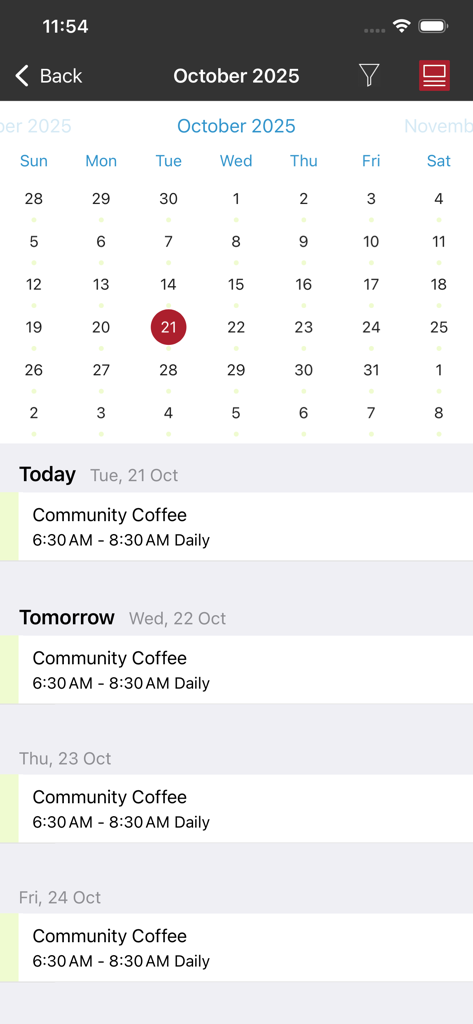 BuildingLink Resident App - Calendar view of the BuildingLink Resident App showing upcoming community events