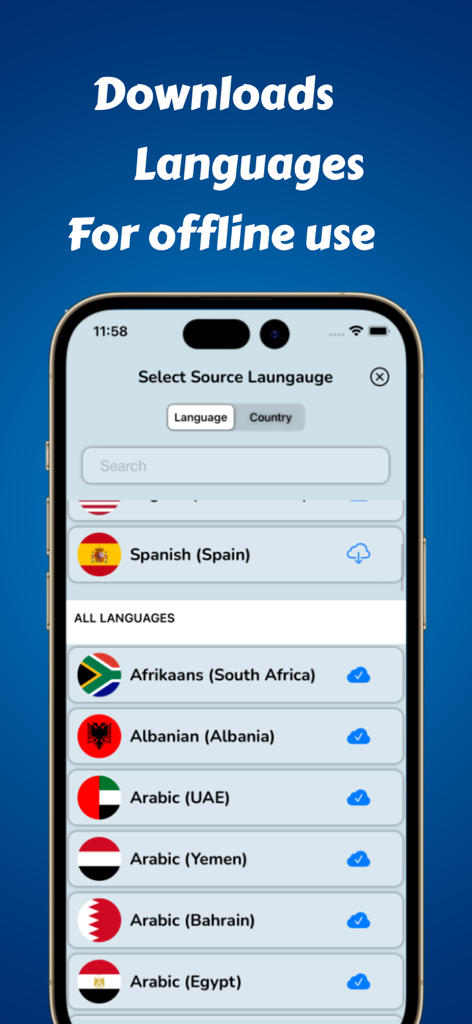 Language Translator Converter - Pantalla de la aplicación que muestra una lista de idiomas disponibles para descargar sin conexión