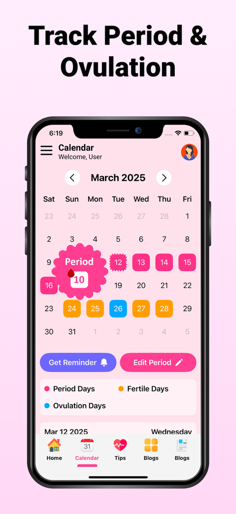 Period Tracker Apps for Women - Una pantalla de aplicación móvil que muestra un calendario menstrual mensual con resaltados rosas y naranjas para el seguimiento del período y la fertilidad