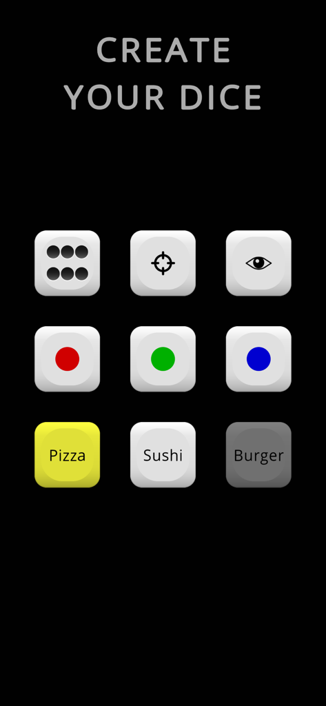 Dice Area - Interfaz que muestra la creación de dados personalizados con varios símbolos, colores y texto