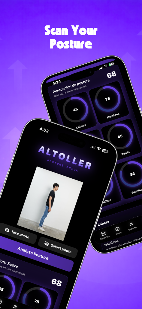Smartphone screens displaying the Altoller app posture check feature with photo analysis and alignment scores
