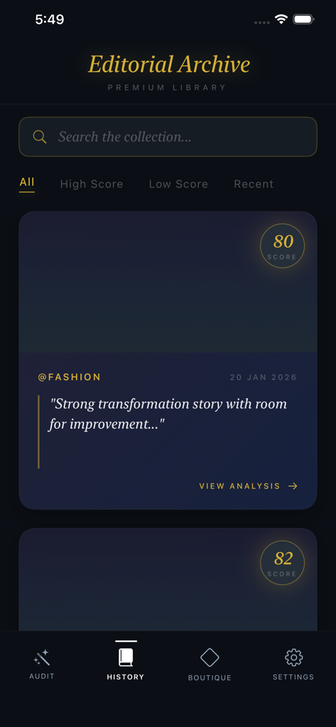 Tik Fast -Follower,Like,Fan,s - Editorial Archive screen displaying a list of analyzed content ideas and engagement scores