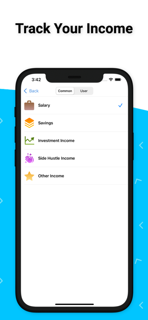 Money Tracker:Expense Tracker - Money Tracker app interface showing income categories including salary, savings, investment, and side hustle.