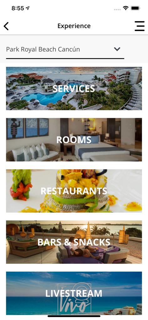 Park Royal Hotels & Resorts - Experience menu in the Park Royal app featuring services rooms restaurants and bars for Park Royal Beach Cancun