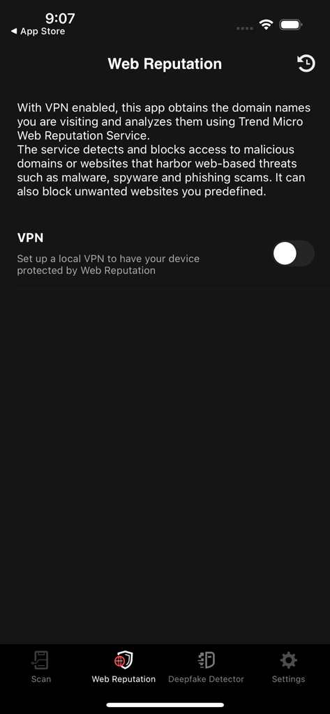 Interface do aplicativo Trend Micro Mobile Security for Business mostrando a tela Web Reputation com um interruptor VPN.