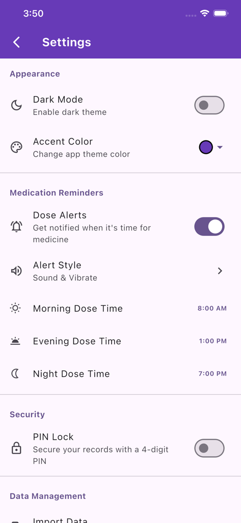 Settings interface of the Simple Prescription Organizer app showing appearance options medication reminder times and security pin lock settings