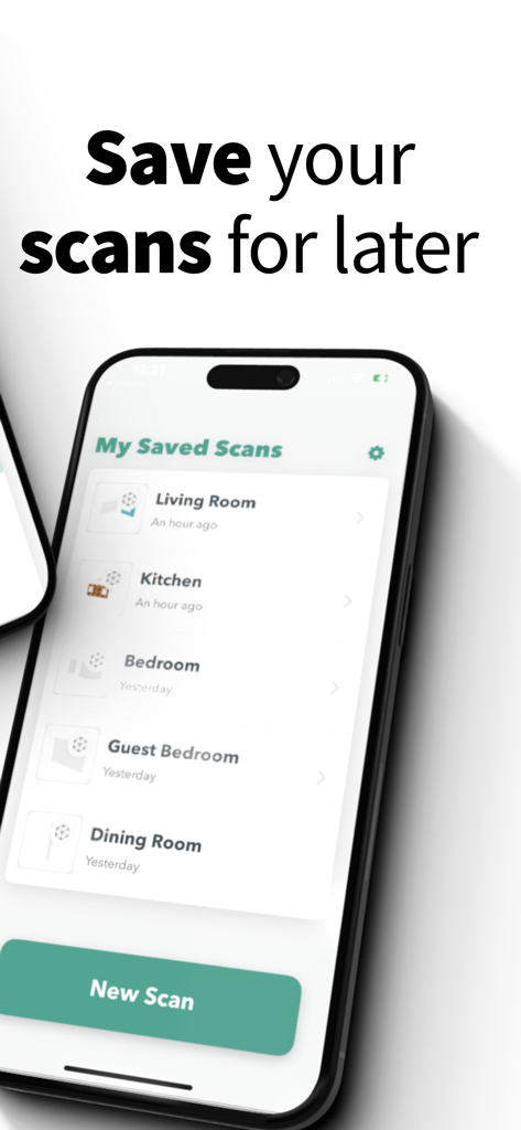 RoomPlan - Interior 3D Scanner - A list of saved 3D room scans including living room and kitchen in the RoomPlan app