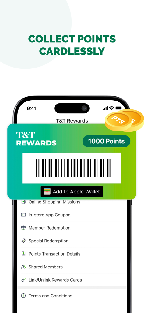 T&T Supermarket App zeigt digitale Prämienkarten mit Barcode und Punktestand.