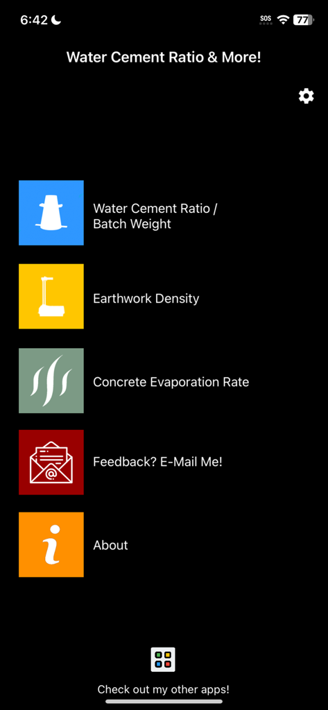 Water Cement Ratio And More - Main menu of the Water Cement Ratio and More app showing engineering calculation tools