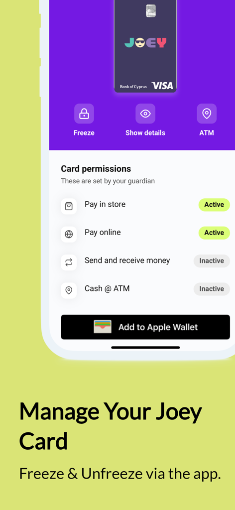 Joey: Teen Banking - Schermata di gestione della carta dell'app di banking per adolescenti Joey che mostra opzioni come blocca/sblocca e permessi parentali
