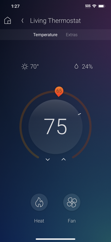 Control4 - Control4 mobile app displaying living room thermostat controls and current temperature