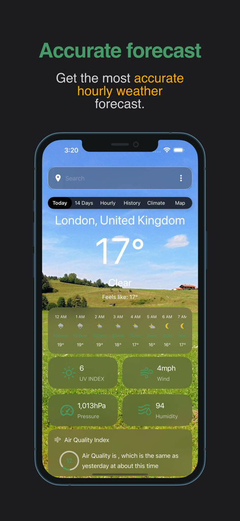 WorldWeatherOnline - WorldWeatherOnline app screen showing an accurate hourly weather forecast with detailed meteorological data for London.