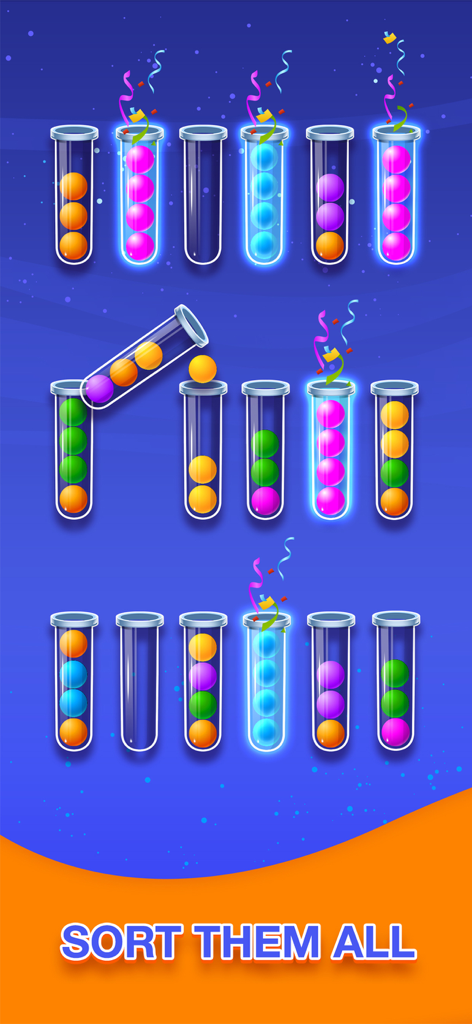Gameplay screenshot of Sort Puzzle Fun Ball showing colorful balls being sorted into glass tubes with confetti celebrations.
