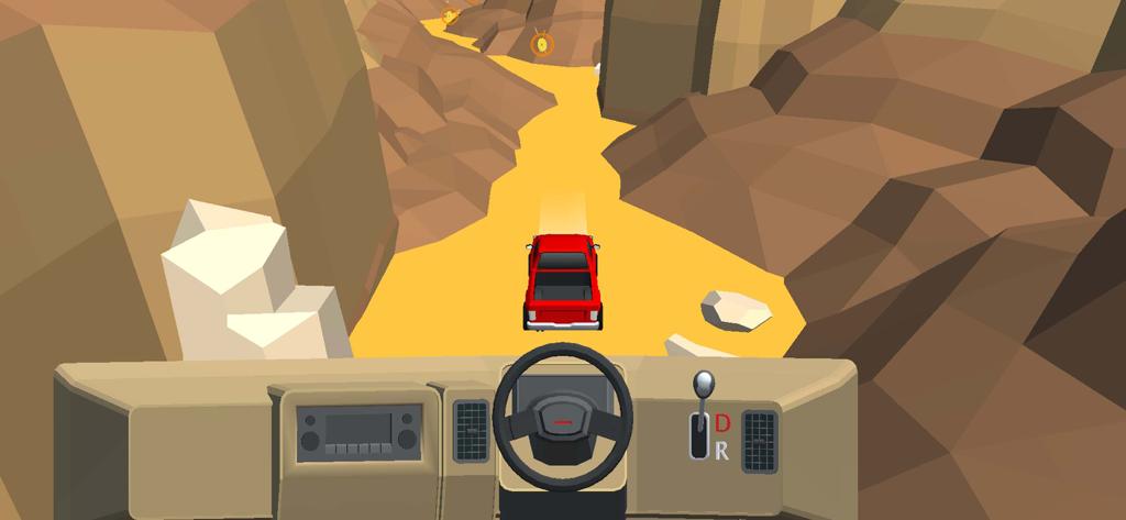 First-person dashboard view of a truck driving through a desert canyon in Car Drive 3D Vehicle Masters