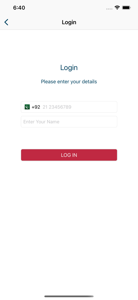 Marham app login screen with fields for name and Pakistani phone number