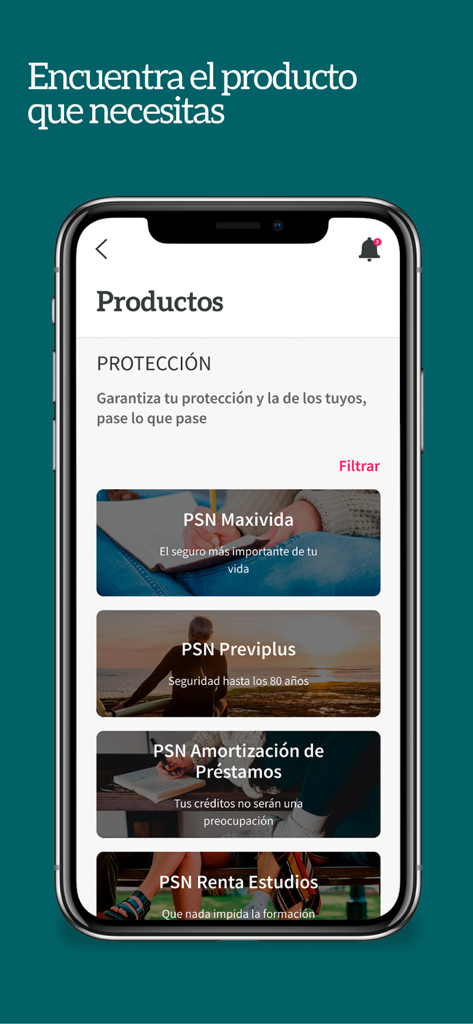 Interfaz de la aplicación móvil Grupo PSN mostrando varios productos de seguros y protección para profesionales
