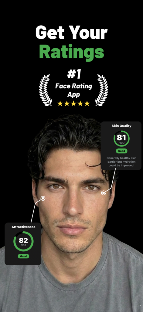 Looksmaxxing & Glow Up・Nouri - AI facial analysis interface in the Nouri app showing attractiveness and skin quality scores on a mans face