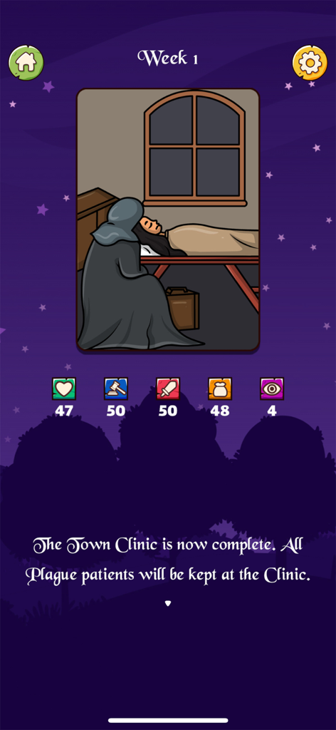 The Reeve - Gameplay screen of The Reeve showing a notification about the Town Clinic completion and current game stats