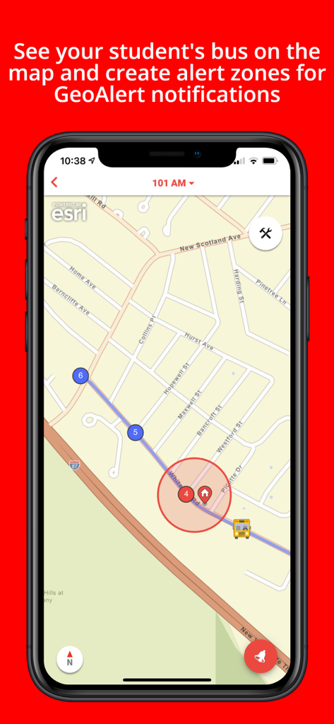 Stopfinder - Interface showing real-time school bus tracking on a map with a GeoAlert zone for notifications.