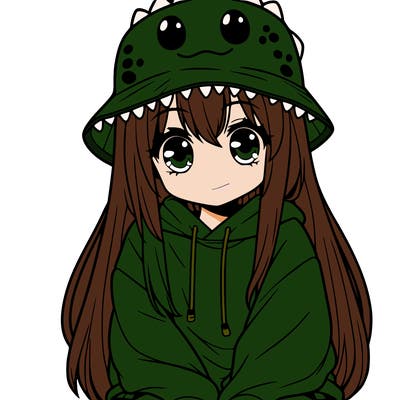 girl with anime shaped eyes with a dinosaur bucket hat oversized sweatshirt long straight hair