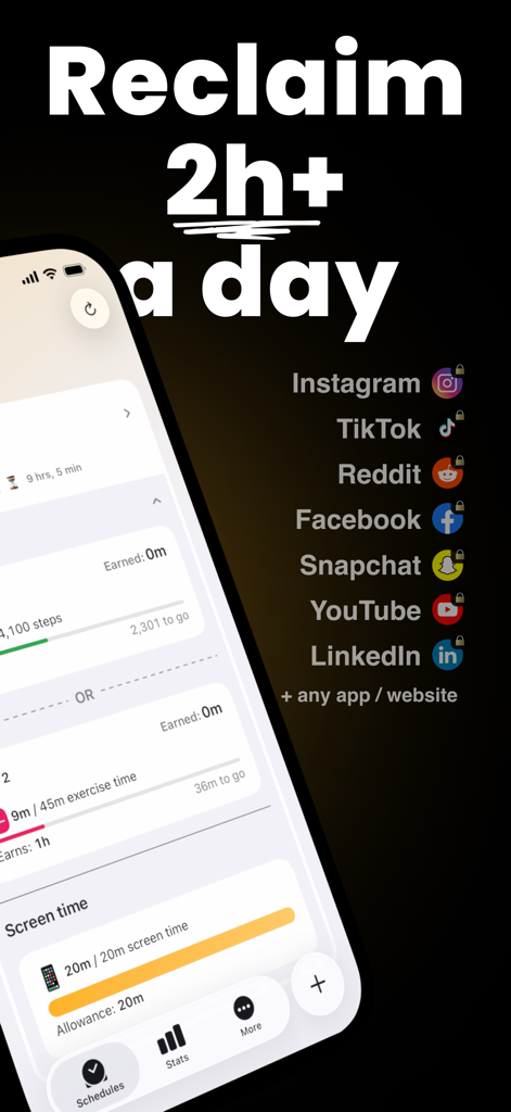 Fitlock: Earn Your Screen Time - Fitlock app interface showing fitness milestones required to unlock social media apps and reclaim time.