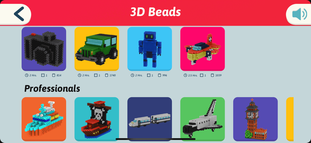 Schermata di selezione che mostra vari progetti di perline di pixel art 3D, tra cui un robot-auto e un'astronave.