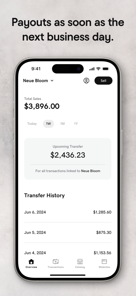 GoDaddy Commerce: POS Payments - iPhone에서 총 판매액과 예정된 이체 내역을 보여주는 GoDaddy Commerce 앱 판매 대시보드.