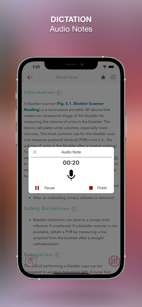 Nursing Skills & Procedures - Smartphone screen showing the audio notes and dictation feature within the Nursing Skills and Procedures app.
