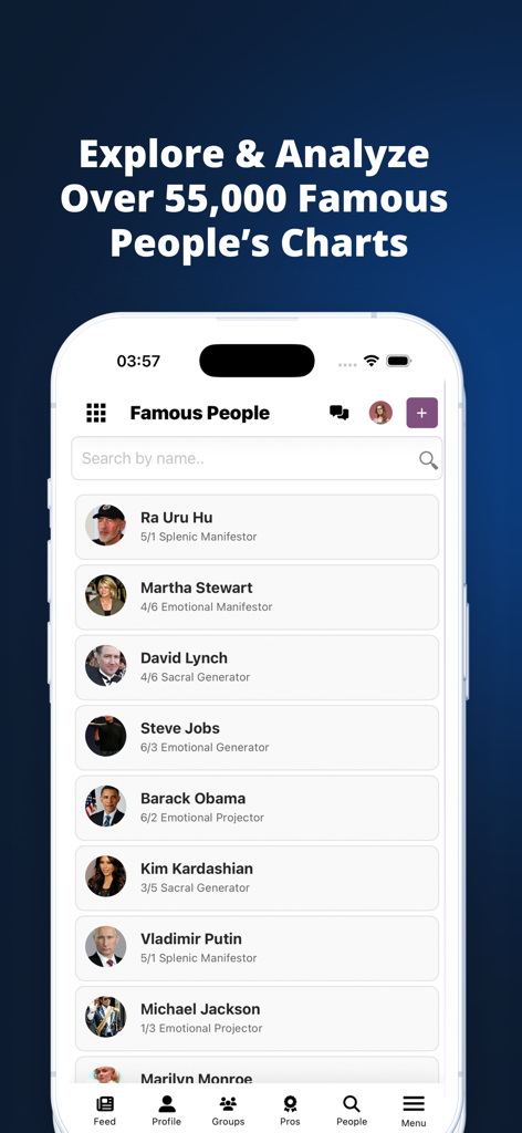 HumanDesign.ai - A list of famous people and their human design types like Steve Jobs and Barack Obama in the HumanDesign app