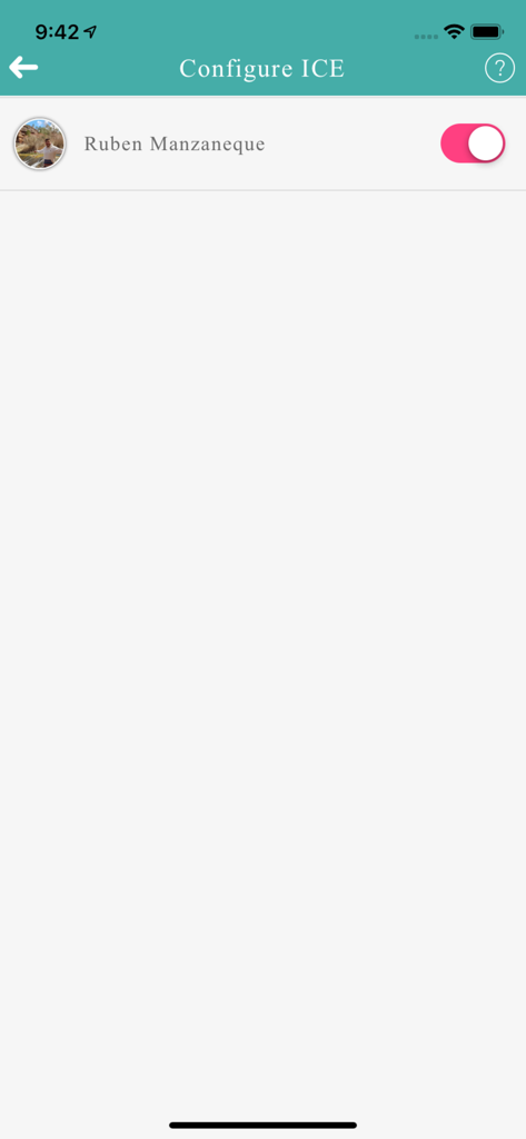 Find Friends - Localizame - Interfaz para configurar contactos de En Caso de Emergencia (ICE) con un interruptor de activación
